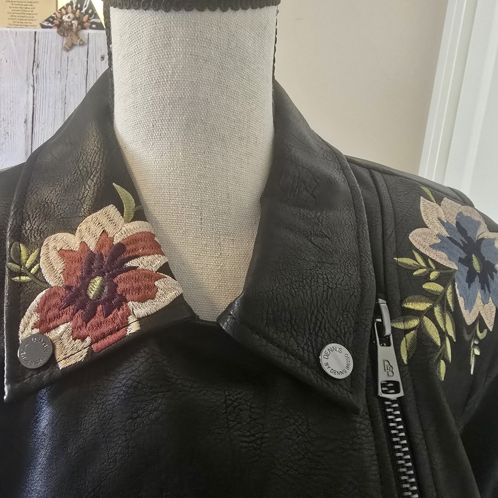 New Dennis Basso Madison Ave Embroider Floral Black Faux Leather Moto Jacket XL - Picture 4 of 14